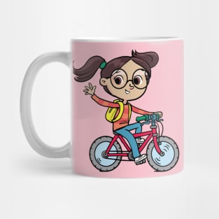 cheerful girl rides a bicycle and waves Mug